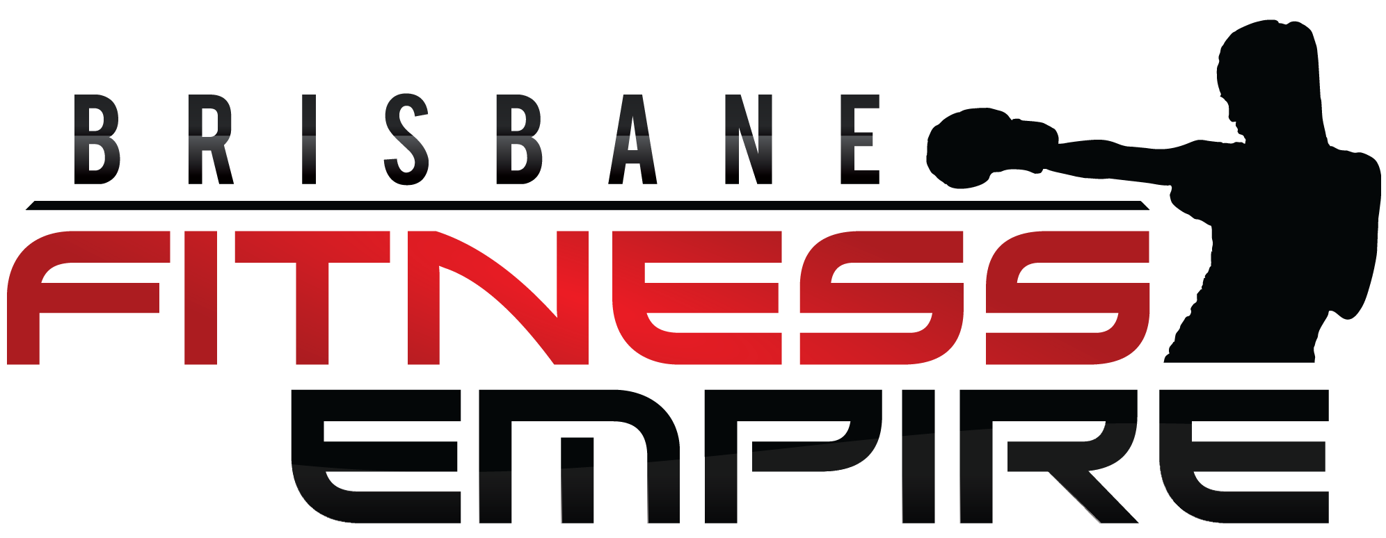 Gym logo of woman with boxing gloves. Red and Black colours